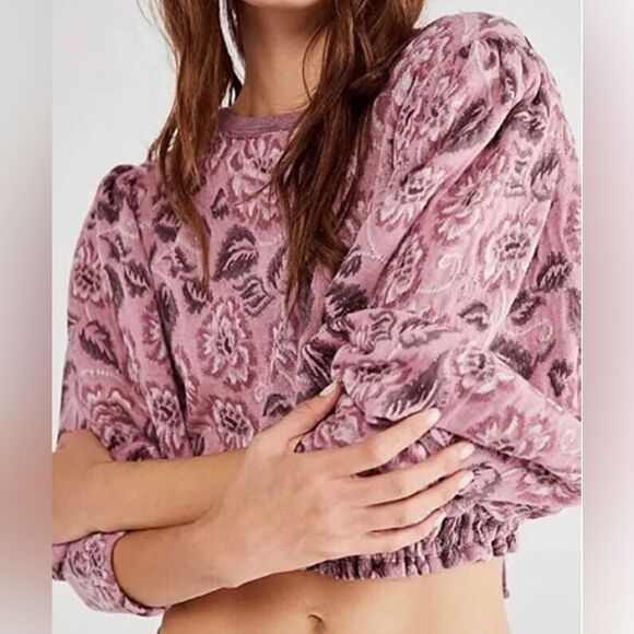 FREE PEOPLE No Ordinary Top Floral Jacquard Puff Sleeve Open Back Crop Sweater - Picture 2 of 9